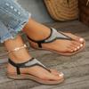 Fashion Pearl Bohemian Sandals for Women Summer 2025 New Elastic Band Clip Toe Flat Sandals Woman Comfort Non Slip Beach Shoes Plus Size