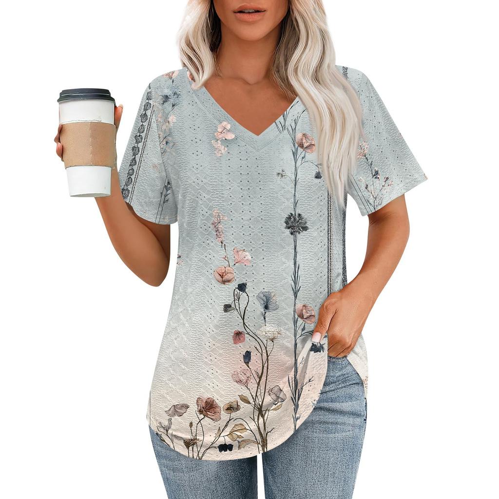 Womens T Shirts V Neck Short Sleeve Casual Tops Loose Fit Basic Tees With Curved Hem