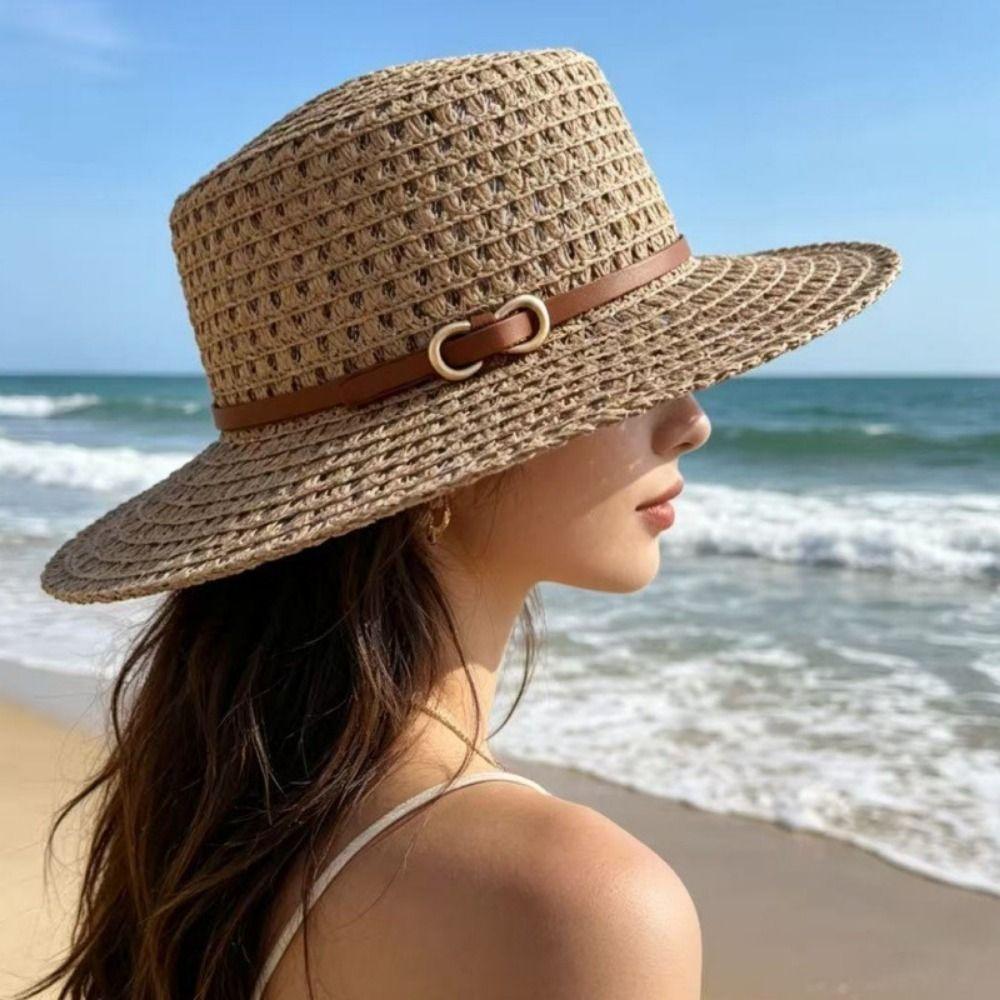 Hollow Out Straw Hat Buckle Decorated Band Beach Sun Hat Fashion Flat Brim Hat Coastal Trip