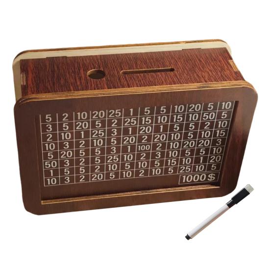 Wooden Money Box with Counter Marker Pen 1000/3000/10000 USD Piggy Bank Coin Cash Container Kids Adults Money Saving Challenge Case Jar