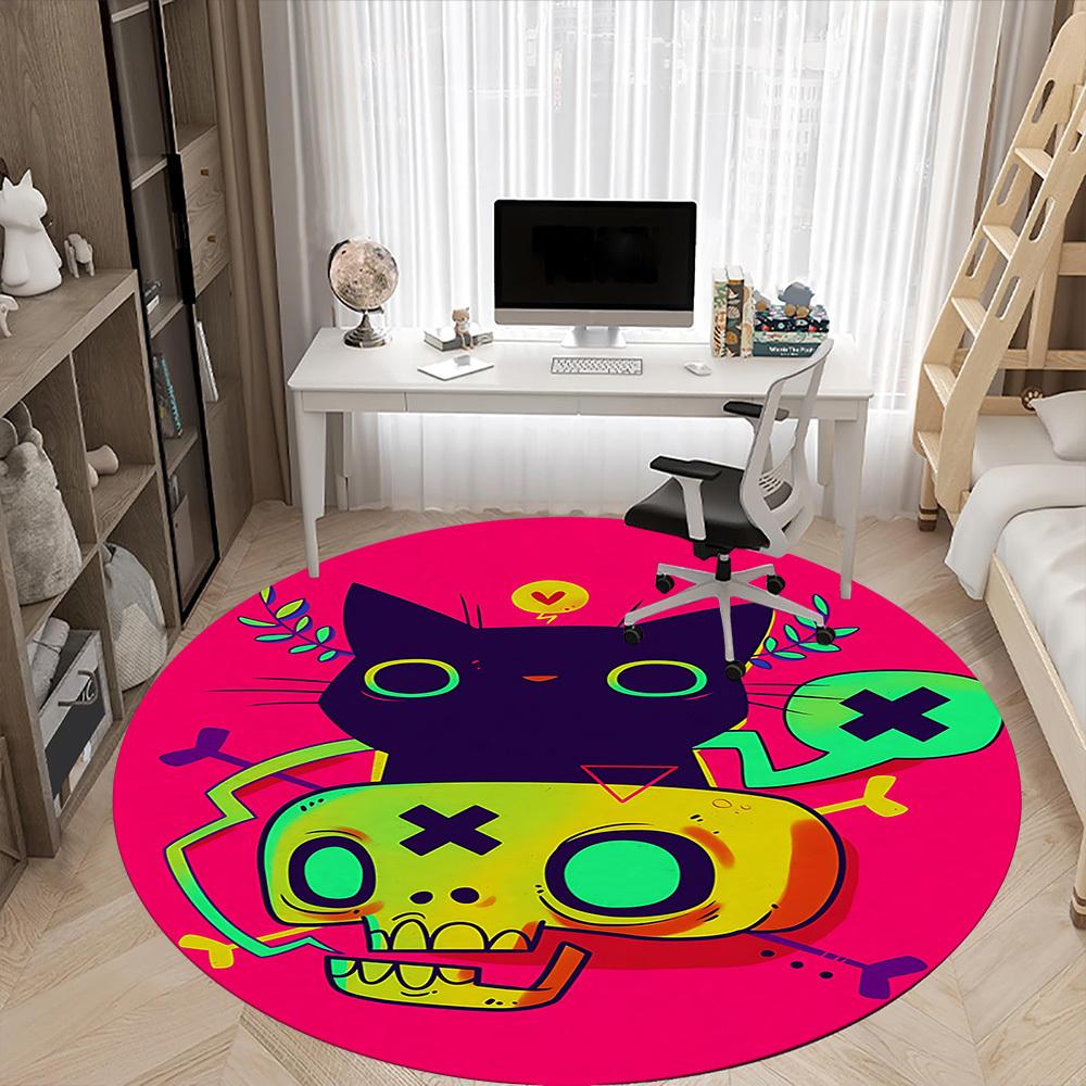 1pc Cat Skull Office Round Area Rug, Under Office Chairs Bedroom Living Room Home Decor, Room Deco