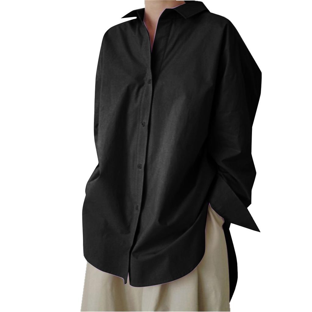 Women's  Casual Fashion Solid Color Single-breasted Lapel  Stitching Long-sleeved Loose Shirt