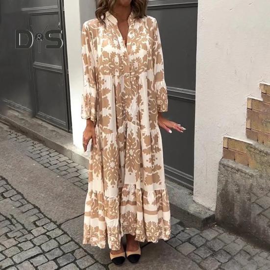 Women Maxi Dress V Neck Floral Printed Pleated Ruffle Patchwork Hem Loow Waist Horn Sleeves Single-breasted Daily Commuting Long Dress