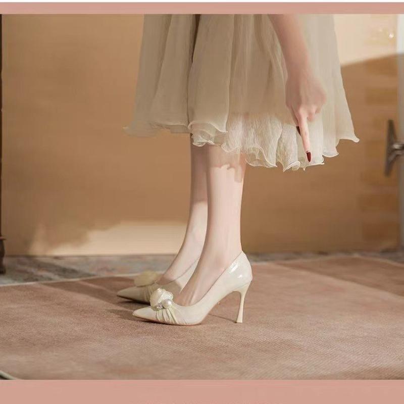 Fashion New Autumn Style Slip-on Stiletto Heels with Pointed Toe and Shallow Mouth, Pearl Flower, Non-slip and Wear-resistant High Heels