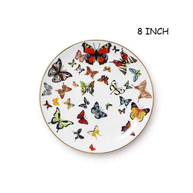 New Tableware Ceramic Tray Gold Rim Plate Flat Dish Cake Plate Dinner Tray Tableware Butterfly Creative White Bone China Plate