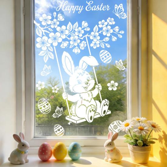Glass Sticker Static Window Film Peel Stick No Glue Privacy Window Film Easter Bunny Egg Design Easy Remove Bubble-Free Decorative Window Film