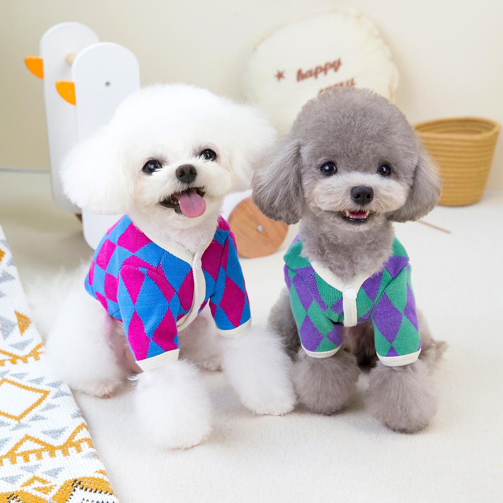 Клетчатое пальто для собак для маленьких собак, осенне-зимний кардиган с ромбовидным узором, одежда для кошек, одежда для домашних животных, одежда для щенков, одежда для собак, зима