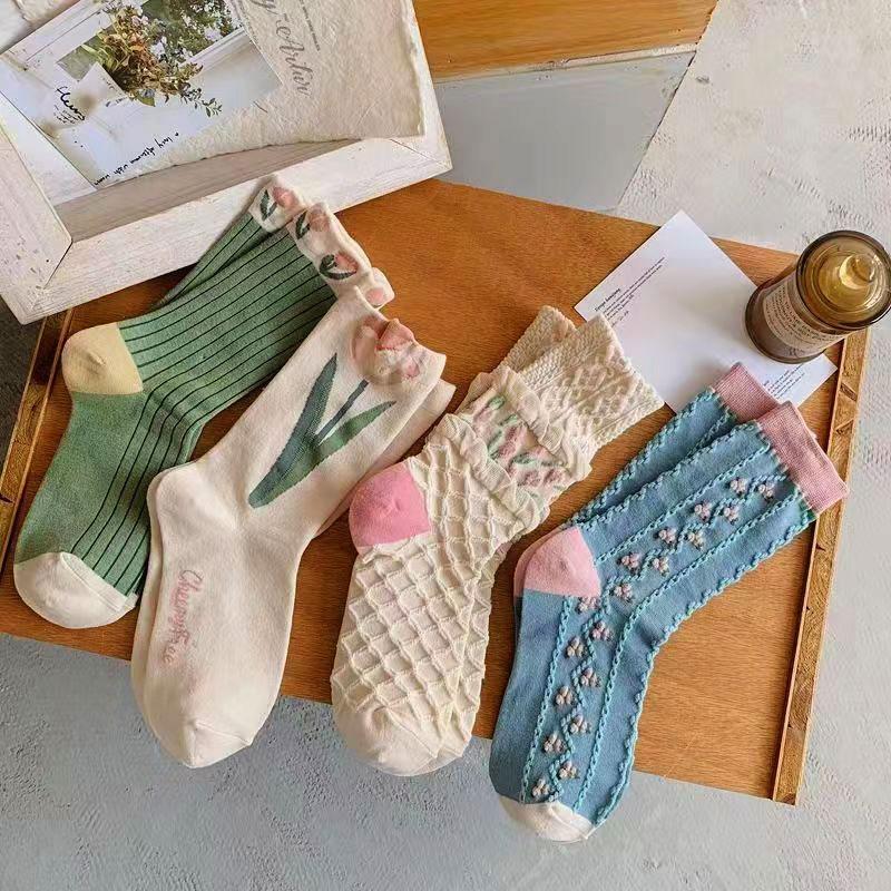 Y2k Kawaii Lolita Socks Cotton Cute Flower Socks Women Winter Sweet Tube Socks For Girls