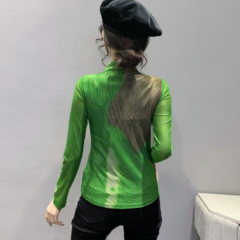 Women's Sexy V-neck T-shirt Long-sleeved Spring Fashion Tie-dyed Mesh Top Breathable Slim Bottom Shirt