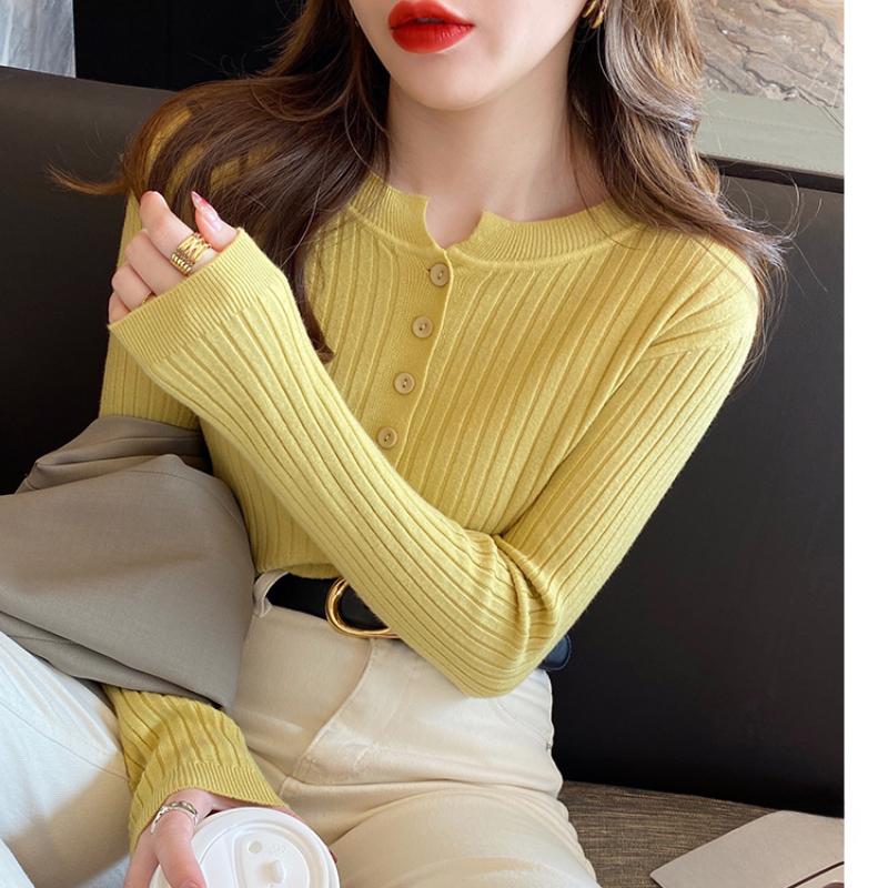Осенний длинный рукав облегающий вязаный свитер женский зимний новый базовый пуловер женские свитера топы элегантные пуговицы круглый вырез женские вязаные джемперы 25858