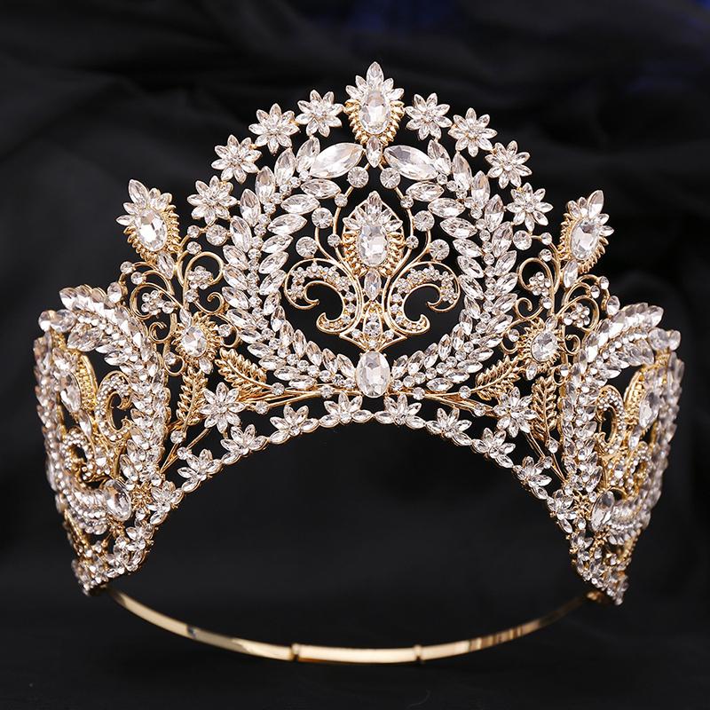 Baroque Round High Diadem Bridal Crown Pageant Miss Tiaras Headdress Bride Wedding Dress Hair Jewelry Accessories
