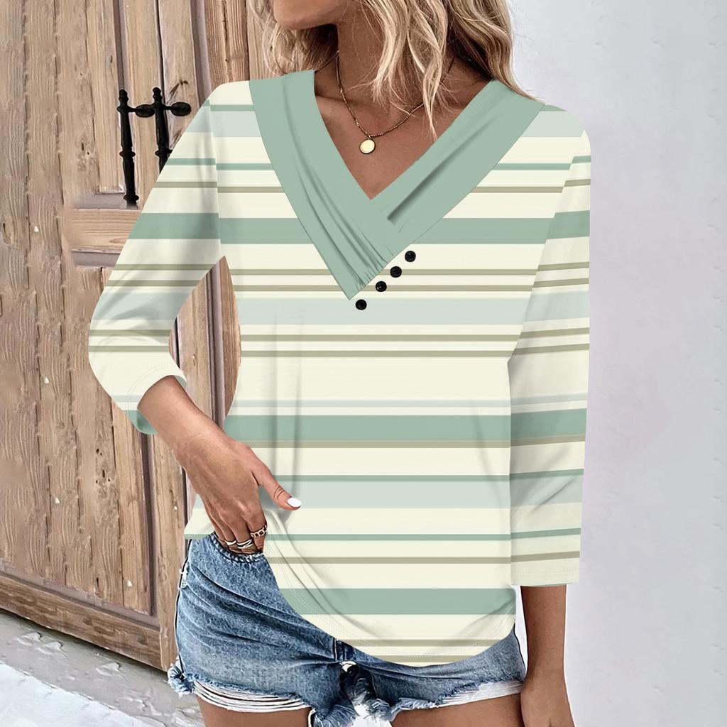 Womens 3/4 Sleeve Daily Weekend V Neck Casual Printed Tshirts Loose Fit Pleated Tees Ladies Blouse
