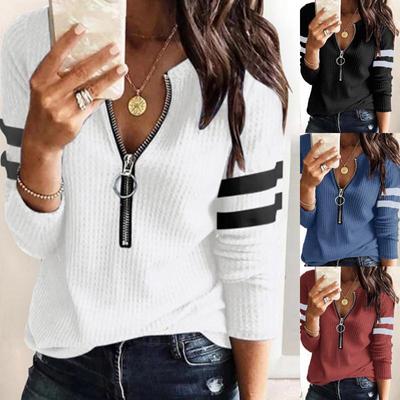 Женская мода, однотонная блузка с v-образным вырезом и молнией, повседневная базовая блузка с длинными рукавами, большие размеры