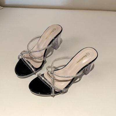 Шлепанцы на толстом каблуке, темпераментные, женские, летние, новая модная фея, со стразами, прозрачные сандалии, высокие каблуки