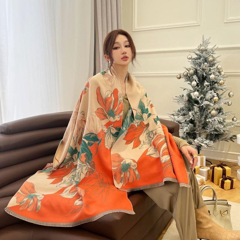 New Magnolia Floral Jacquard Thickened Scarf Women's Autumn and Winter Versatile Imitation Cashmere Shawl Windproof Warm Scarf