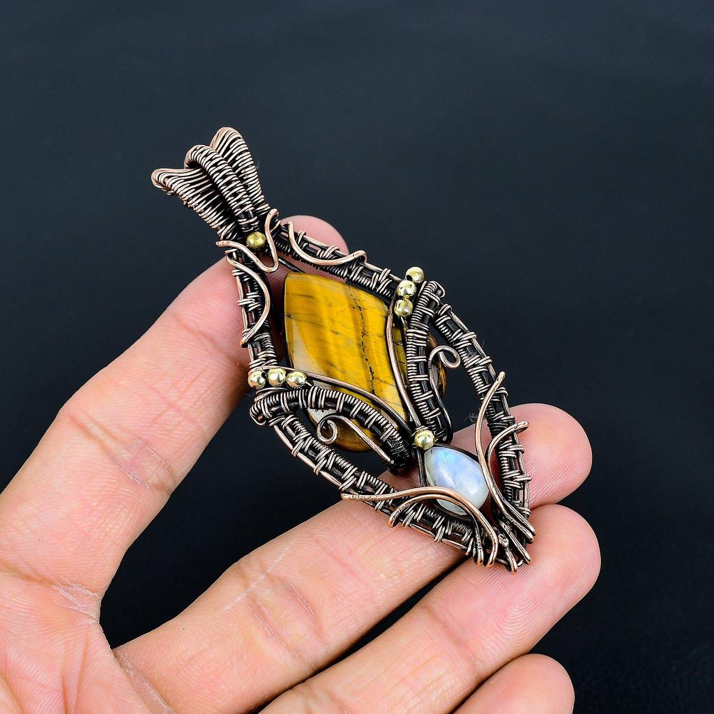 Tiger 's Eye & Moonstone 999 Copper Wire Wrapped Pendant, Handmade Gemstone Tree Of Life Pendant Jewelry, Gifts For Wife Brand New Pendant