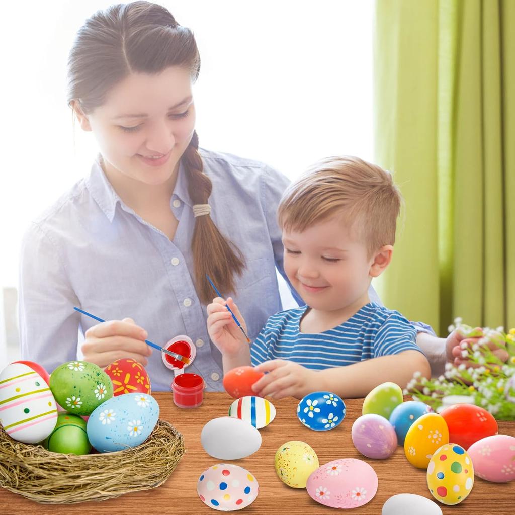 Max Fun 50 Pcs White Blank Easter Eggs Ornaments Bulk Decoration for Craft Hanging Plastic Artificial Eggs with Rope DIY Painting Decorating Basket