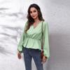 Spring and Autumn Women's Blouse Lantern Sleeve Solid Colour Waisted V-Neck Long Sleeve Top