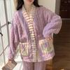 Sweet Plush Fleece Sleepwear Set Patchwork Flower Flannel Pajamas Women Nightwear with Pockets Winter Nightdress Girls