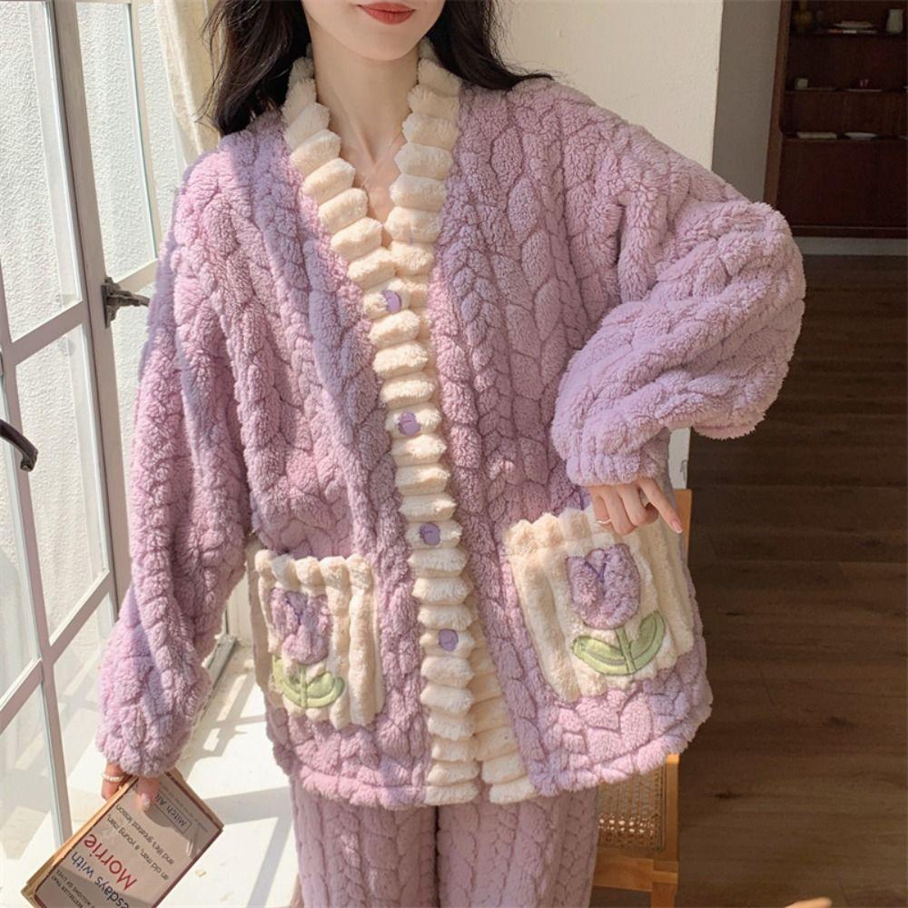 Sweet Plush Fleece Sleepwear Set Patchwork Flower Flannel Pajamas Women Nightwear with Pockets Winter Nightdress Girls