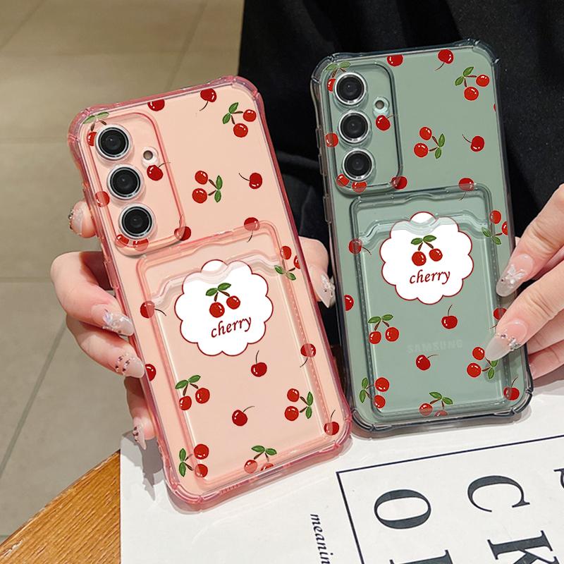 Cherry Print Card Slot Clear Soft Silicone Case For Samsung S25 Ultra S24 FE S23 S22 A36 A56 A55 A16 A06 A15 A26 Slim Shockproof Phone Cover