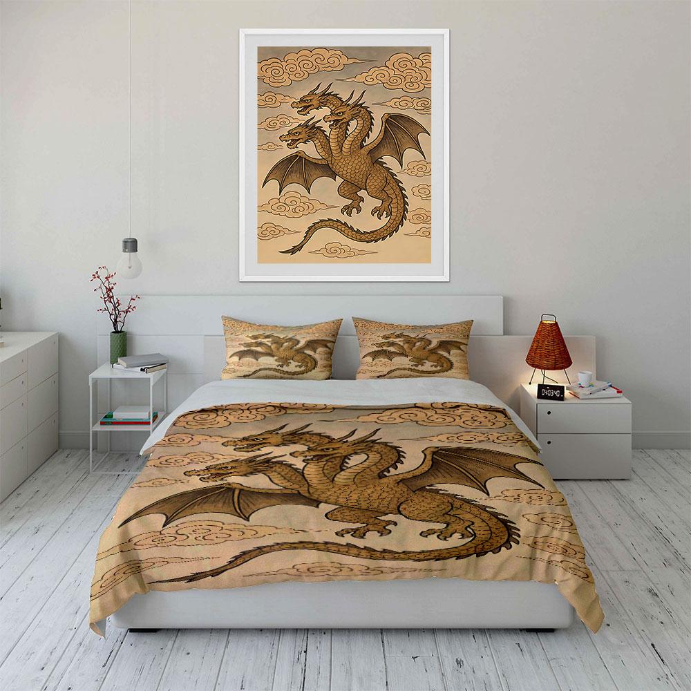 Golden three-headed dragon. Bedding sets Duvet cover sets Duvet covers Pillowcases(1 * Duvet Cover 2 * Pillowcases without duvet insert)