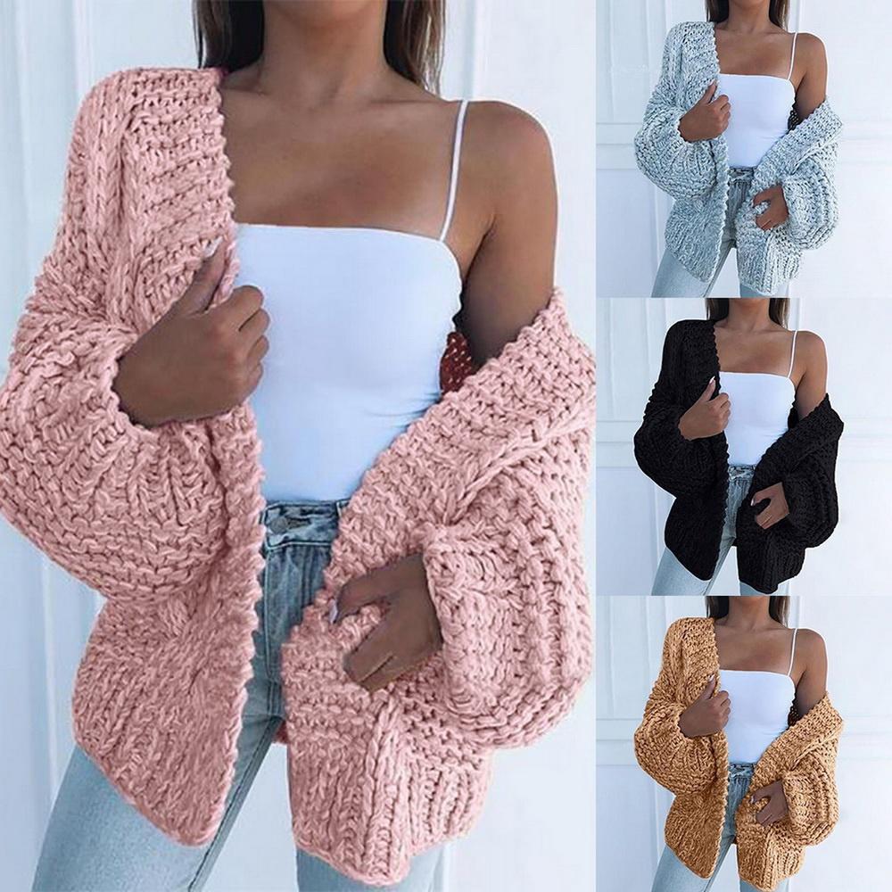 Женская мода Осень Зима Теплый Однотонный Свитер Кардиган Крупной Вязки Повседневный Свитер Пальто с Открытой Передней частью для Женщин Большого Размера Свитер Верхняя Одежда