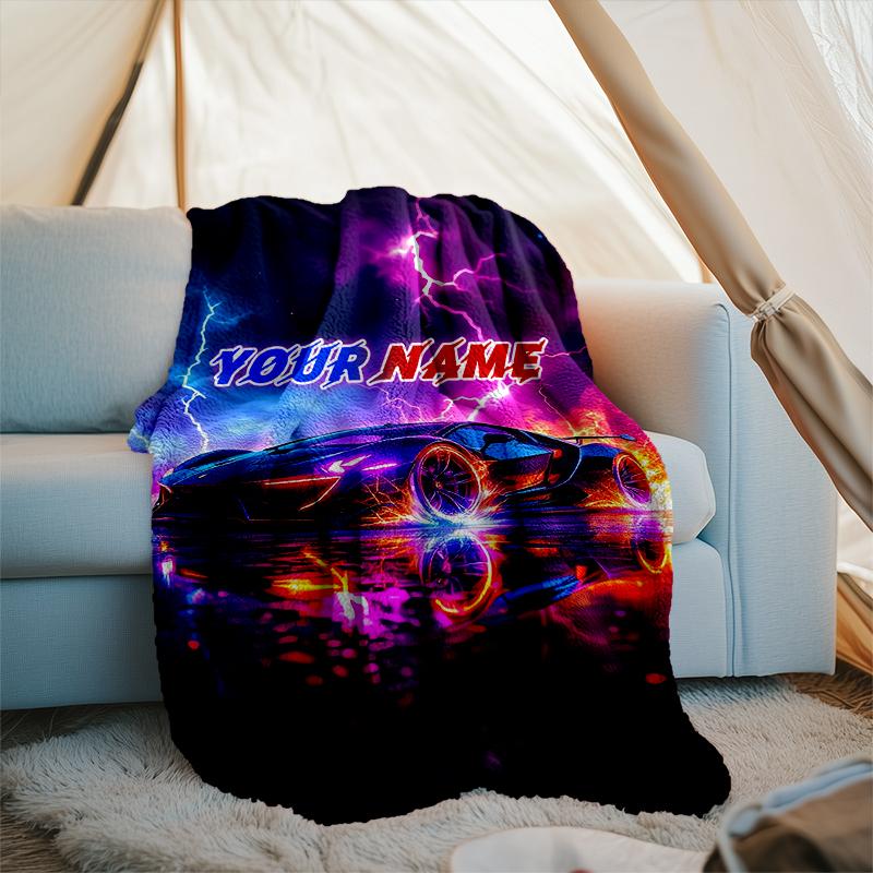 1PC Custom Name "Neon Future Car" outdooor Flannel blankets Throw Blanket All-Season Throw Gift Bedspread for Couch, Bed, Camping Holiday Birthda