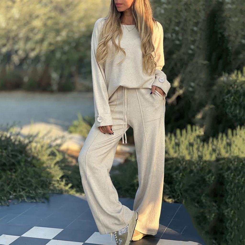 Женская мода повседневная с длинным рукавом широкие длинные брюки комплект из двух частей свитшот с длинным рукавом