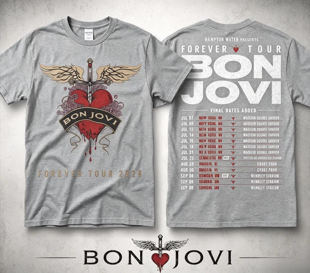 Bon Jovi Forever Tour 2026 double-sided unisex print t-shirt, short summer sleeves, heart pattern, dagger, wings, for rock ba