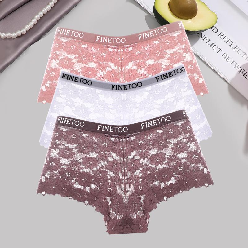 3Pcs Lace Hollow Out Boyshorts Women's Sexy Floral Panties 5 Solid Colours Underwear Letter Belt Briefs Perspective Lingerie