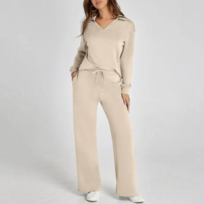 2 шт./комплект женский топ брюки костюм V-образный вырез длинные рукава однотонный спортивный свитшот завязывающийся на резинке пояс широкие брюки фитнес-наряд осень весна