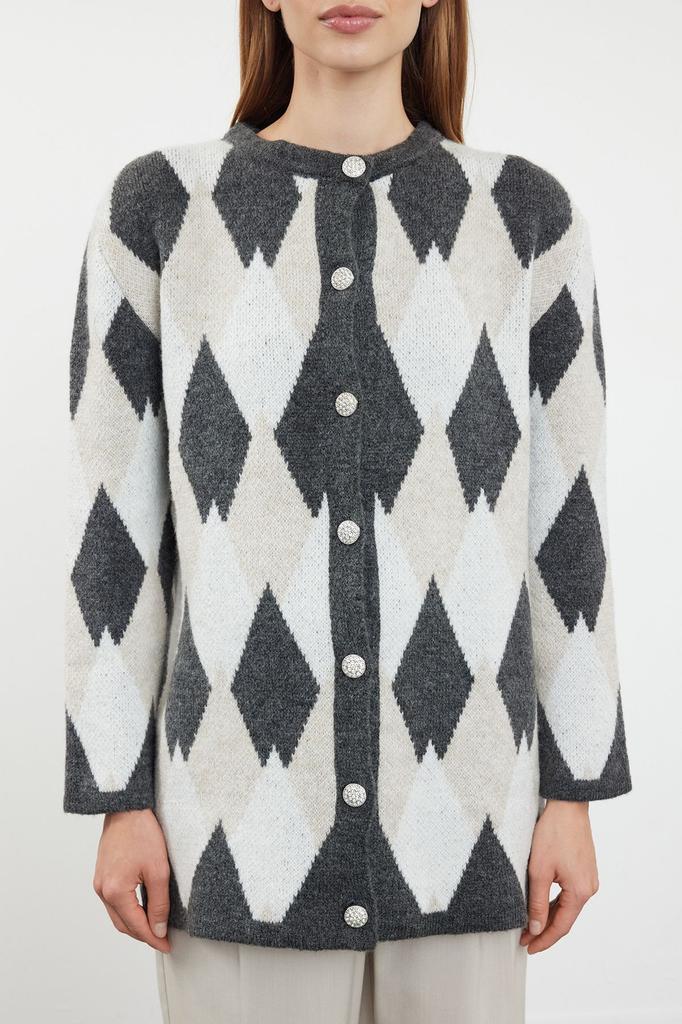 Women's Fashionable Stylish Hijab Cardigan Gray Diamond Patterned Knitwear Cardigan
