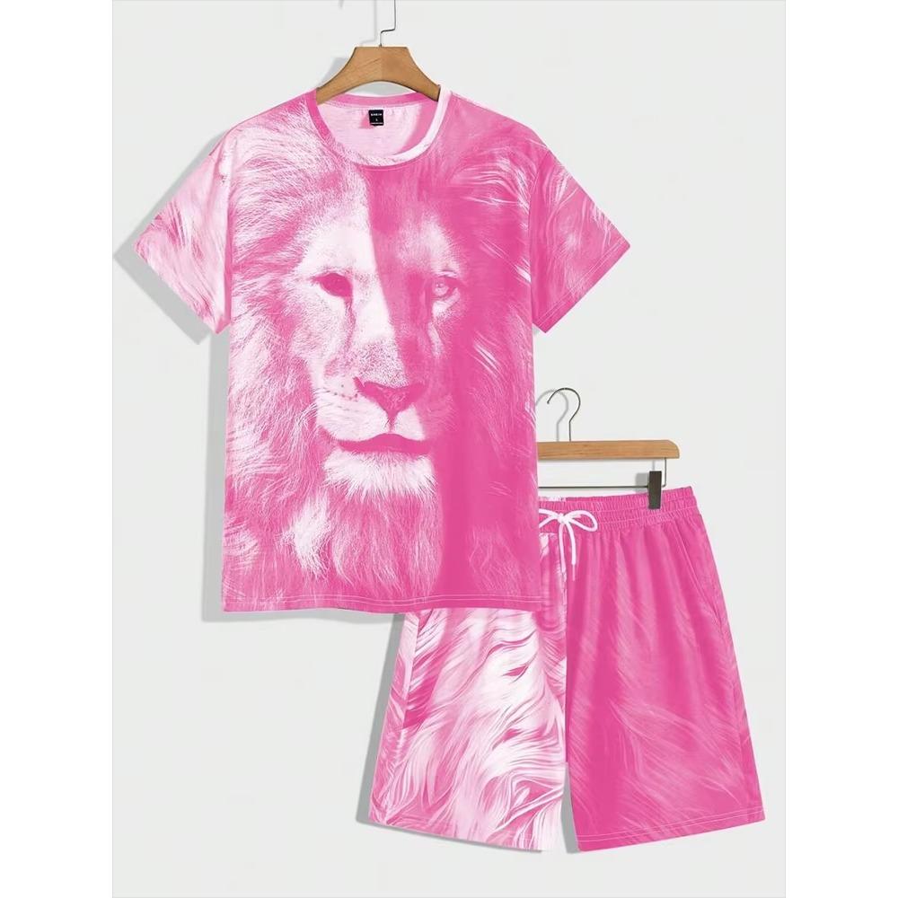 Fashion Lion King 3D Printed Men's Summer Animal Print Relaxed Fit Short Sleeve & Shorts 2-Piece Casual Sport Outfit Set