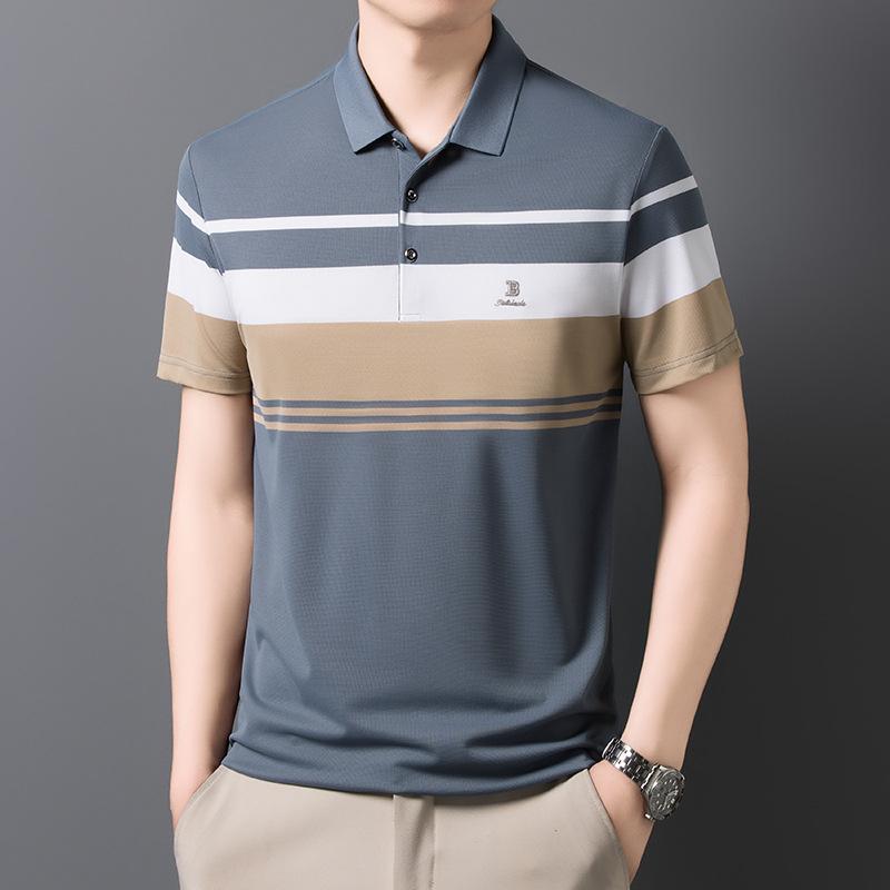 Футболка мужская тяжелая и тонкая вышивка с прямым воротником-лацканом и короткими рукавами в деловом стиле с простым и красивым низом