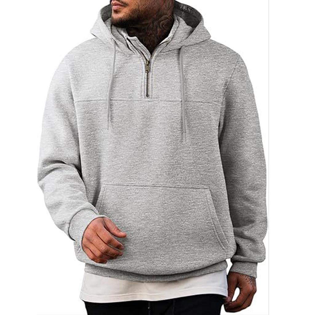 Men's Casual Solid-color Hooded Long-sleeved Pocket Sweatshirt , Men's Fleece And Thickened Warm Semi-zippered Sweatshirt Jacket