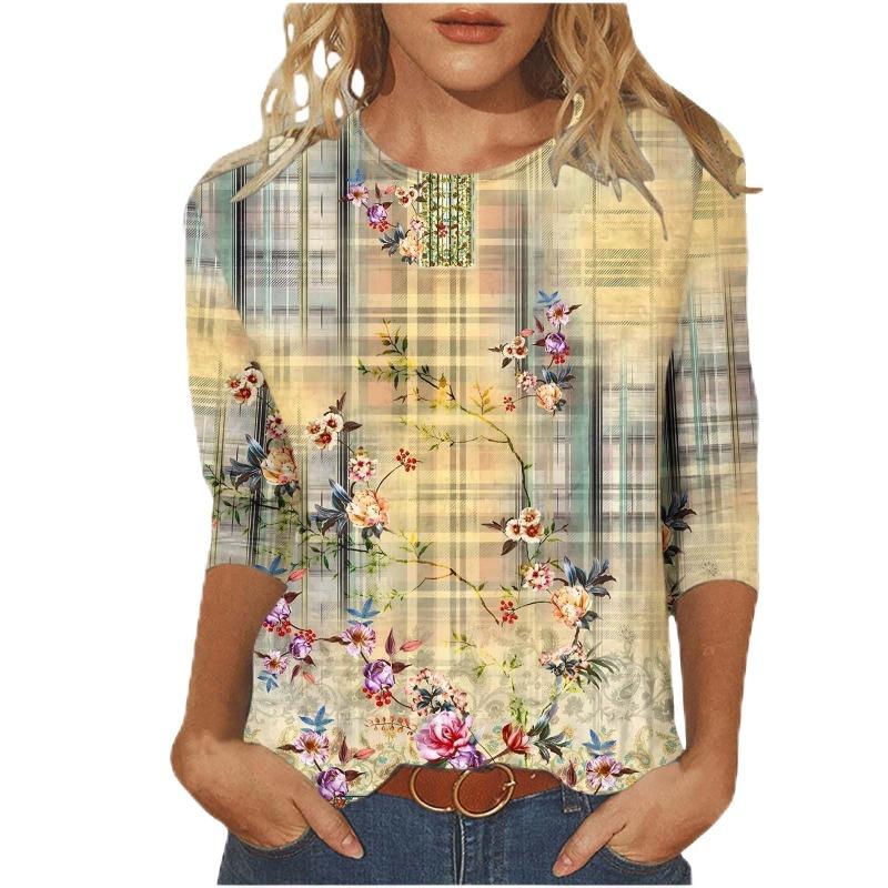 Женская футболка с 3D-принтом, винтажным цветочным принтом, повседневная, с длинным рукавом, круглым вырезом, обычный топ, с повседневным принтом, розовая, весна и осень