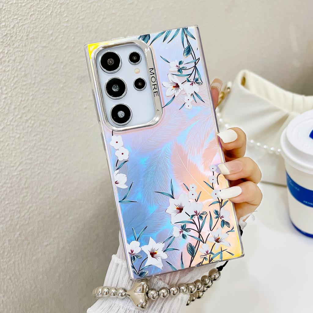 Для Samsung Galaxy S24 Ultra чехол TPU+PC цветочный узор лазерная текстура чехол для телефона с браслетом из бисера
