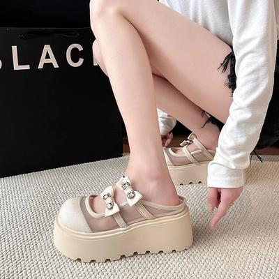 Сладкий ветер женские крутые тапочки лето новая мода французский горошек прозрачные повседневные толстая подошва увеличивающие рост сумка голова полушлепки