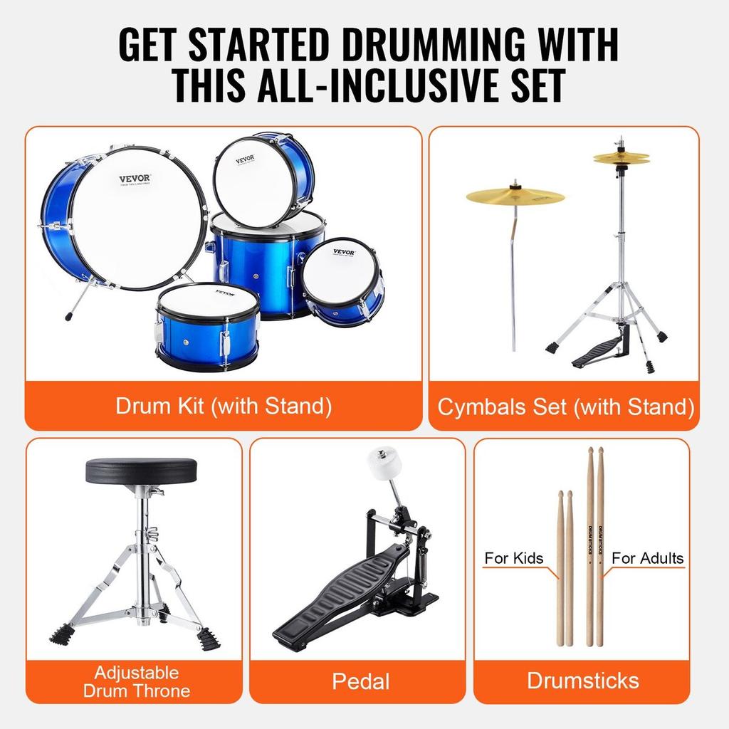 Kids Drum Set 5-Piece 16 in Beginner Children Drum Set with Throne Blue