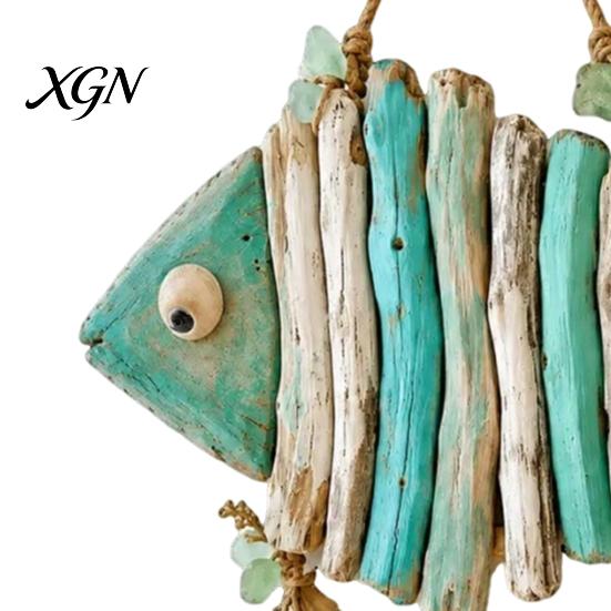 Housewarming Coastal Gifts Fish Handmade Wall Decor, Rustic Hanging Ornament with Sea Glass Nautical Ornaments Jute Rope, Bohemian Beach Style Art for