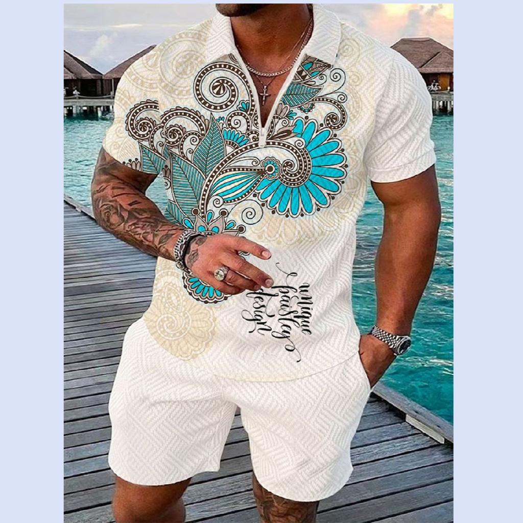 Летний тренд, мужской спортивный костюм, свободный комплект с животным 3D принтом, повседневная рубашка поло на молнии и шорты, комплект из 2 предметов, комплект мужской одежды, спортивный костюм