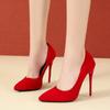 Big Size 35-45 Women's Shoes 2024 Concise Flock High Heels Women Pumps Pointed Toe Classic Red Gray Ladies Wedding Shoes Office