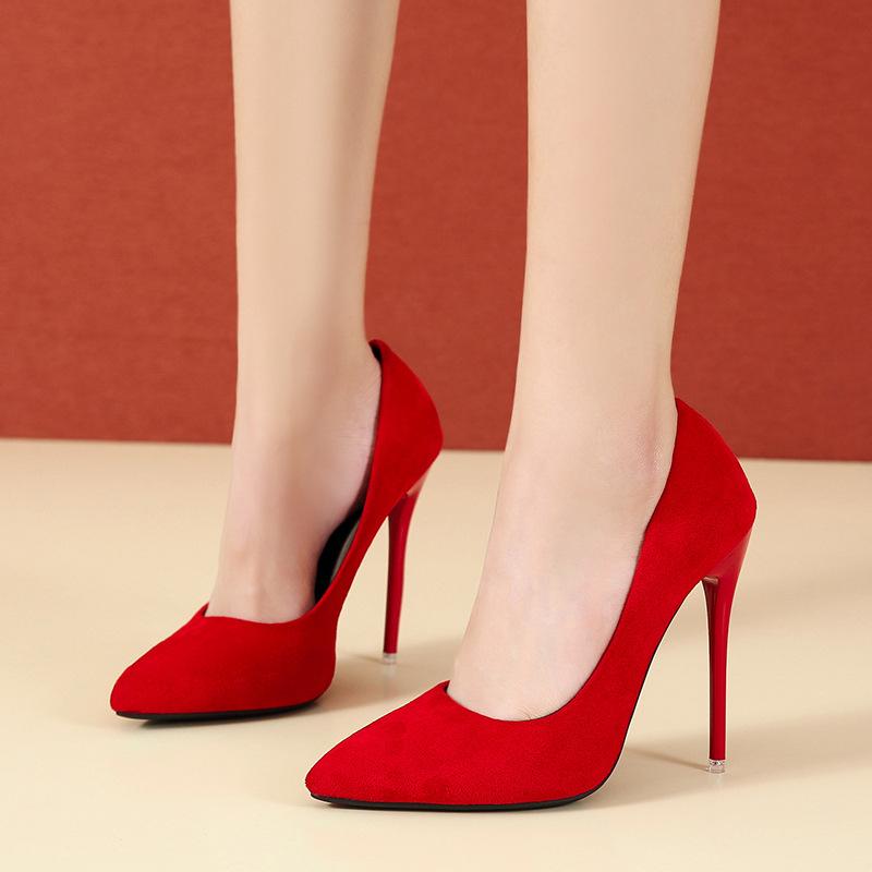 Big Size 35-45 Women's Shoes 2024 Concise Flock High Heels Women Pumps Pointed Toe Classic Red Gray Ladies Wedding Shoes Office