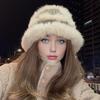 Yousheng Женская шляпа-панама с отделкой из искусственного кроличьего меха, осенне-зимняя, ветрозащитная, теплая, куполообразная, мягкая вязаная шляпа-ведро