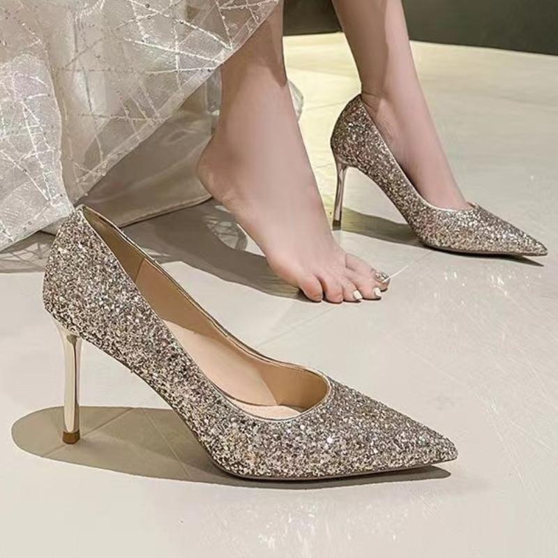 Fashion 2024 New Shoes for Women Basic Slip On Women's High Heels Classics Wedding Pumps Women Pointed Toe Thin Heel Bling Ladies Shoes