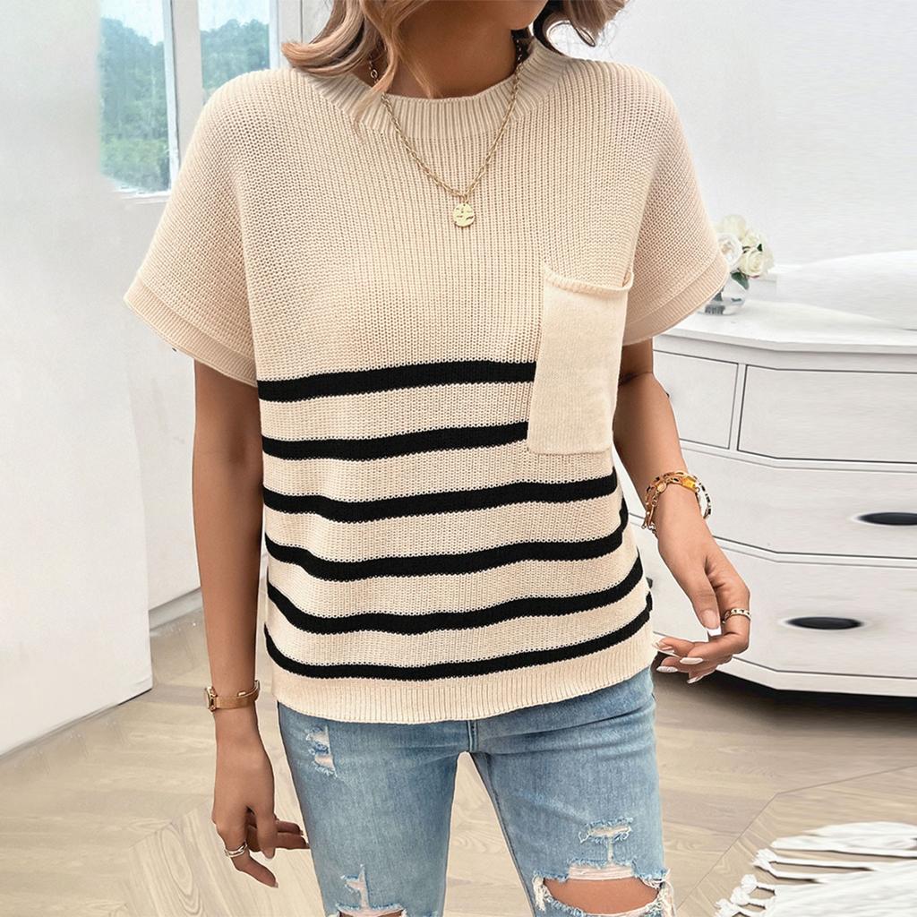 Женская мода повседневный свободный темперамент круглый вырез в полоску контрастного цвета с коротким рукавом свитер