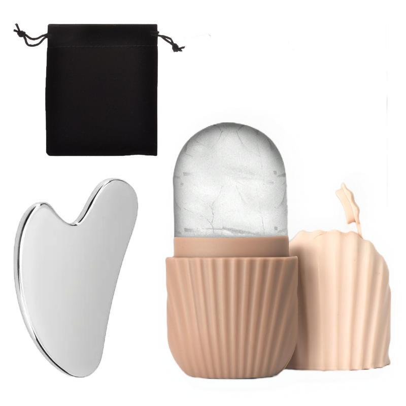 2-in-1 Silicone Ice Roller Mold & Stainless Steel Gua Sha Set, Facial Depuffing & Massage Kit with Storage Bag