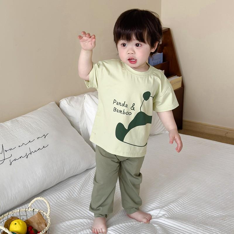 Kids Cotton Pajama Set Short Sleeve Long Pants Breathable Anti-Bacterial Sleepwear Boys Girls Home Outfit