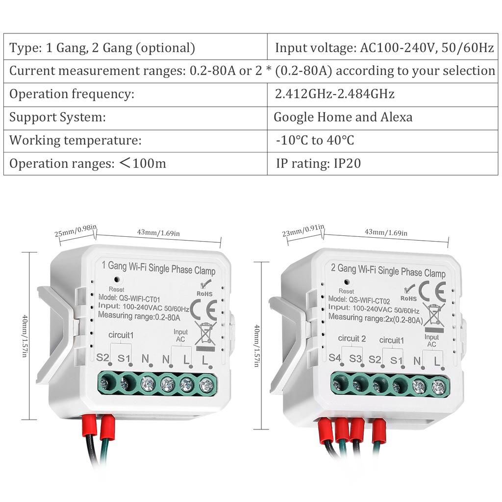 Newest Tuya WiFi Energy Meter 1/2 Gang 80A Single Phase Clamp Solar PV Bidirectional Two Way APP Control Current Transformer
